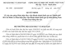 Phân hiệu Học viện Hành chính Quốc gia tại thành phố Hồ Chí Minh và Phân hiệu Học viện Hành chính Quốc gia tại tỉnh Quảng Nam tổ chức hoạt động đào tạo theo Quyết định số 1383 của Bộ Giáo dục và Đào tạo